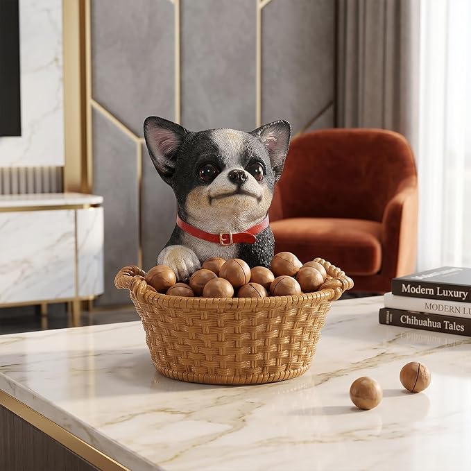 Dog Resin Storage Basket, Desktop Organizer for Remote & Keys, Cute Home Decor Tray, Ideal present for Pet Lovers.(Chihuahua Pied)