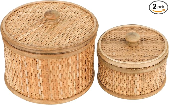 HUAXIN CRAFT H Rattan Round Decorative Box with Lid, Set of 2(Natural 7 inches and 5inches Diameter), Bohemian Wood Box For Storage.