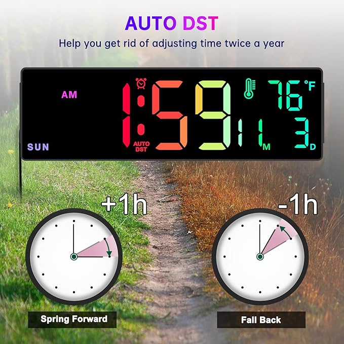 Soobest 14.2" Large Display Digital Wall Clock with Date Day of Week Temp Timer, Electric 8-in-1 Color Changing Big LED Clock for Elderly Seniors, Auto DST, Remote Control for Living Room Home Gym