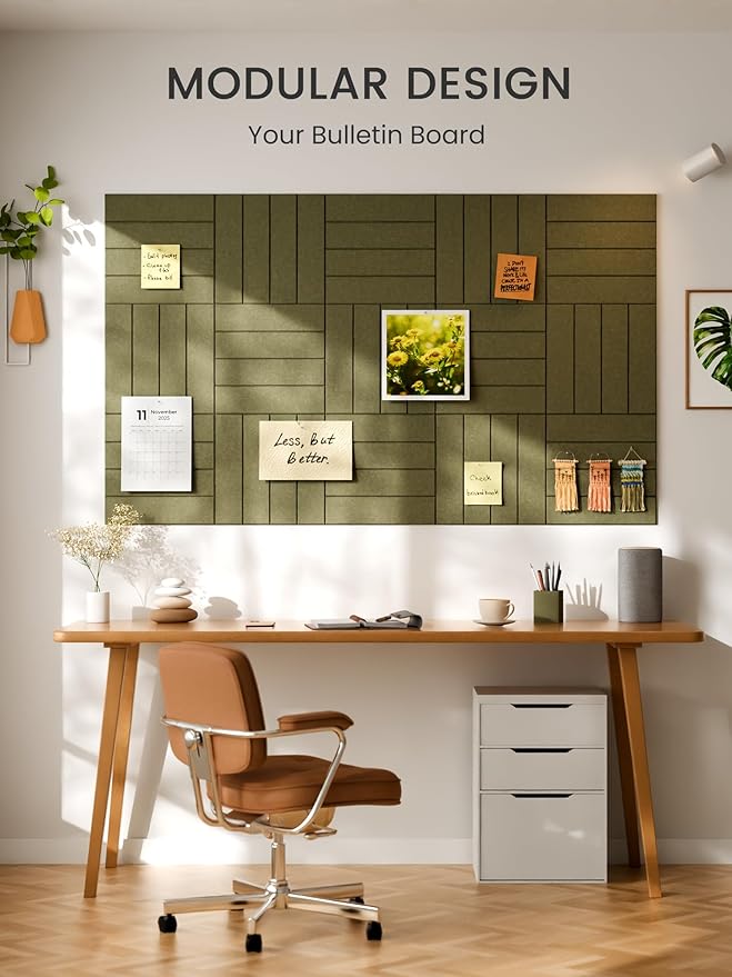 Bumusty Large Cork Board Alternative-36 x 24" Felt Bulletin Board Tiles, with 30 Pushpins, 40 Adhesive Tabs, Bold-Stripe 6-Pack, Cork Boards for Office Push Pin Board Felt Board-Olive Green
