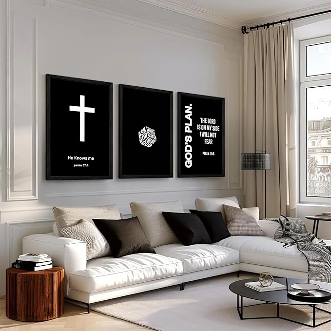Christian Jesus Wall Art Black White God Canvas Wall Decor Religious Bible Verse Poster Modern Christian Cross Painting Artwork Christ Scripture Prints Picture for Bedroom 12x16 Inch Framed Set of 3