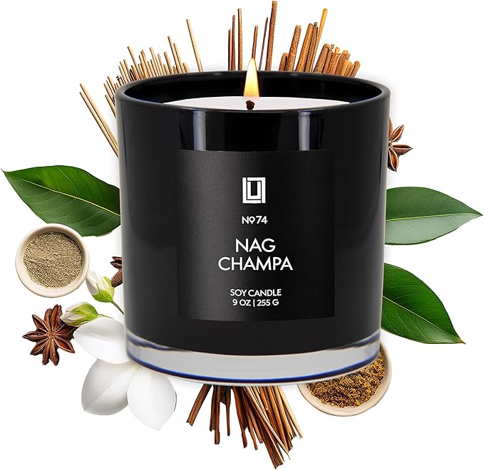 Lulu Candles | Nag Champa - Indian Incense | Highly Scented Premium Candles in Giftable Box for Home and Office | Vegan Soy Blend Jar Candle with 100% Cotton Wick | Slow Burning & Long Lasting (9 Oz.)