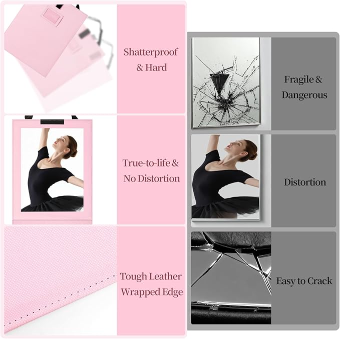 Shinowa Foldable Portable Full Length Mirror for Dancer, Camping and Travel, Shatter-Proof Acrylic Hanging Mirror with Handle, 33x13 Inch Full Body Travel Backstage Mirror, Pink