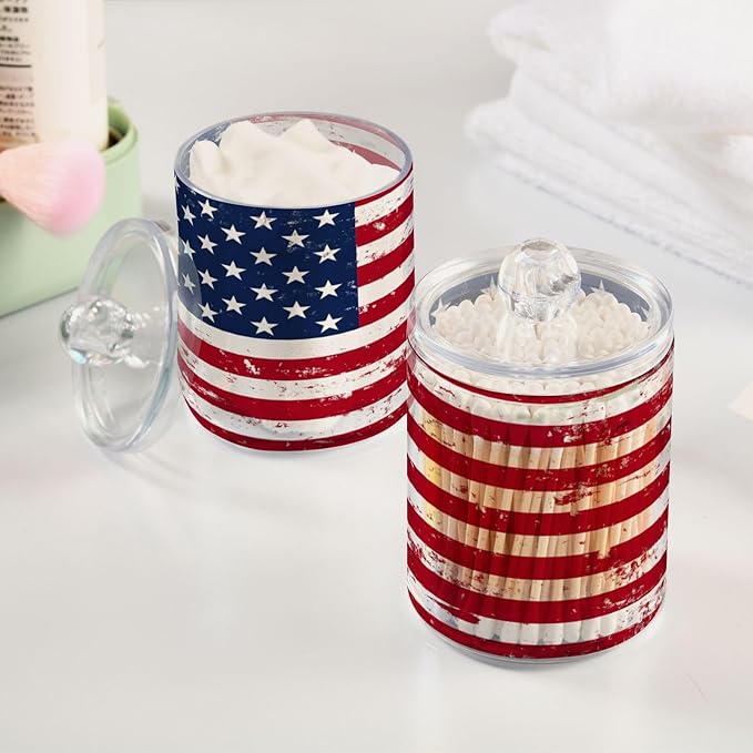 Nander 4Pack Retro American Flag Qtip Holder Dispenser -Clear Plastic Apothecary Jars Set - Restroom Bathroom Makeup Organizers Containers for Cotton Swab, Ball, Pads, Floss