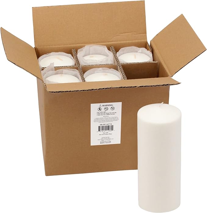 Stonebriar 6 Tall 3 x 8 Inch 80 Hour Long Burning Unscented White Wax Pillar Candles (Pack of 2, 12 Count Total)