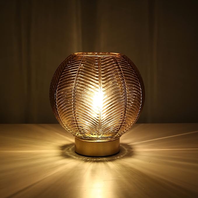 LUSHARBOR Battery Operated Lamp with Timer, Small Glass Table Lamp, Decorative Cordless Battery Powered Bedside Lamps for Living Room Shelf Decro Desk -Amber