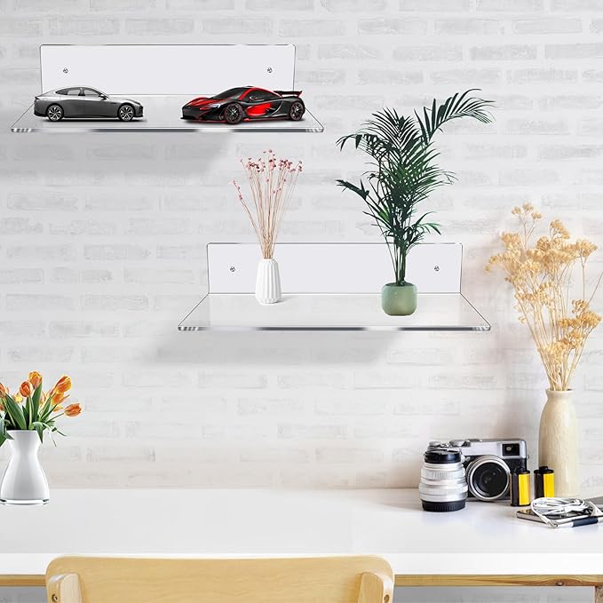 Jansburg 12 Inch L-Shaped Acrylic Floating Shelf Wall Mounted Shelves Invisible 5MM Thick Shelf for Wall Storage Clear Shelves for Makeup Photo Picture Book Record Display 2 Pack