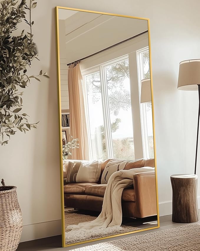 Antok Full Length Mirror, 58"x21" Floor Mirror with Stand, Hanging Mounted Mirrors for Bedroom, Living Room, Cloakroom, Dining Room, Gold, Rect