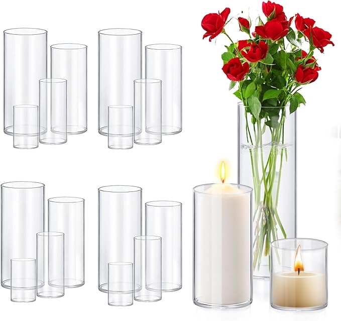 Homjoy Glass Cylinder Vase Sets 16 Pack Tall Clear Flower Vase Hurricane Floating Candle Holder for Table Centerpiece Wedding Home Décor(2.17 x 4IN + 2.56 x 6IN + 3.15 x 8IN + 3.55 x 10IN)