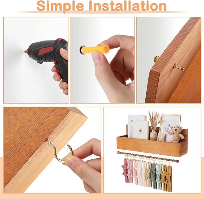 Suzile Wood Floating Shelf with Towel Bar & 20 Hooks, Large Capacity 19x5.5x5.5 Inch Wall Mounted Storage Organizer for Nursery, Kitchen, Bathroom, Living Room, Bedroom
