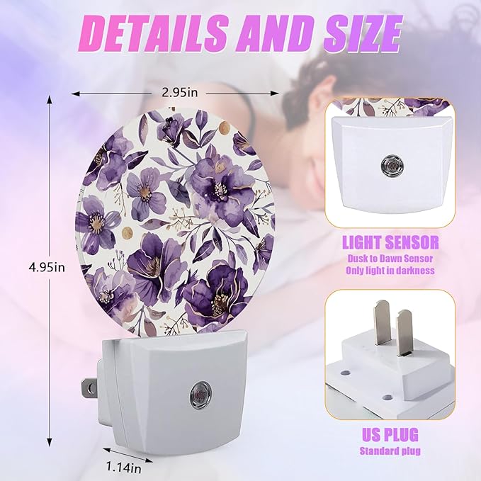 Purple Flower Night Light Watercolor Floral Night Lights LED Lamp Round Plug into Wall Nightlight with Dusk to Dawn Sensor Home Hallway Stairway Kitchen Decor