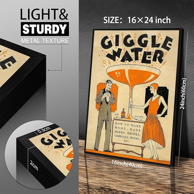 Funny Cocktail Wall Art Vintage Trendy Bar Cart Decor Martini Wine Alcohol Drink Wall Decor 16X24 inch Black Framed Giggle Water Canvas Prints for Home Bar Kitchen