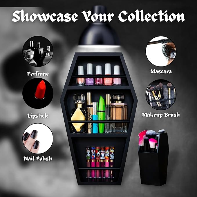 EpicGifts Goth Makeup Shelf - 3 Shelf Standing or Floating Wall Coffin, Makeup Brush Holder (Black)