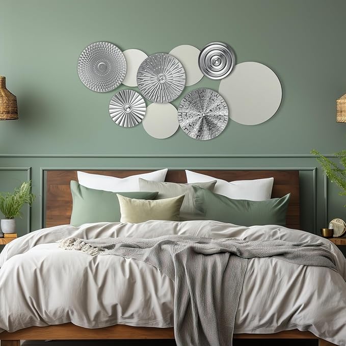 Blulu 9 Pcs Silver Mirror Wall Decor Metal Round Home Art Decor Decorative Modern Circle Mirror Wall Art Sculpture Hanging Decorations for Home Living Room Office