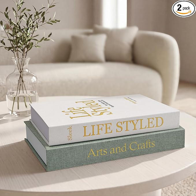 Realistic Decorative Book Boxes with Hidden Storage, Set of 2 Linen Faux Books, Sturdy and Neutral Home Decor for Coffee Table, Bookshelf, Entryway and Office