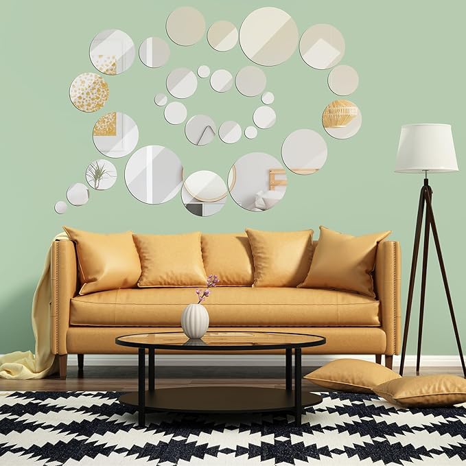 Jetec Real Glass Round Mirror Tiles Frameless Wall Glass Tiles Round Wall-Mount Mirrors with Acrylic Double Sided Adhesive for Bedroom Bathroom Craft