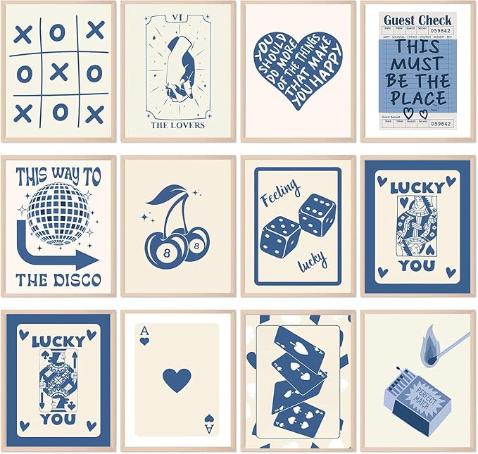 KBKBART 12pcs Blue Lucky Poster - Playing Card Wall Art, Poker Room Decor, Blue Trendy Wall Art, Funky Posters Aesthetic Pictures, Retro Ace Prints Queen of Hearts Decor for Bedroom (UNFRAMED)