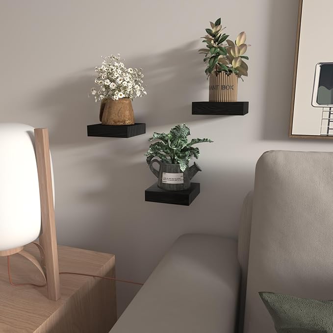 PopiShelves Small Floating Shelves for Wall - 4 Inch Mini Square Black Shelves for Bedroom, Living Room, Bathroom, Kitchen, Office Decor Set of 3