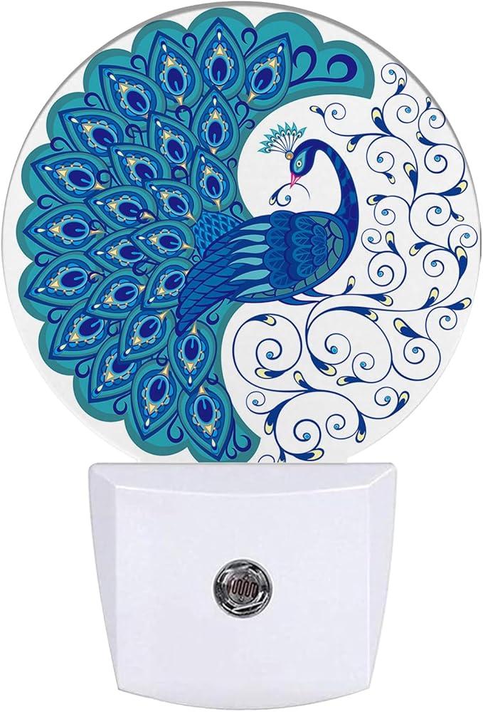 Blue Peacock Night Light Vintage Feathers Night Lights LED Lamp Round Plug into Wall Nightlight with Dusk to Dawn Sensor Home Hallway Stairway Kitchen Decor