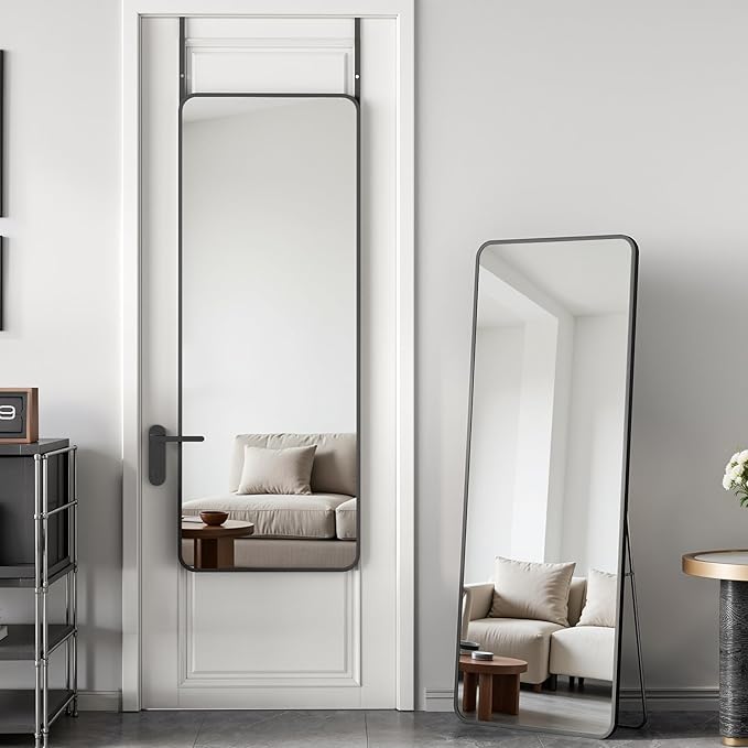 Antok Over The Door Mirror Full Length, 49'' x 14''Wall Mounted Hanging Mirror, Aluminum Alloy Frame, Shatterproof Glass, No Drill Installation for Bedroom, Closet, Bathroom, Dorm, Round Corner,Black