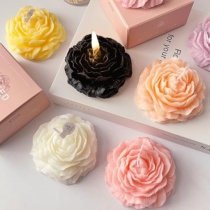 Black Peony Flower Shape Candles for Women Men Friends Colleague Classmates Gift, 3 Inch Pastel Aesthetic Scented Candle with Agarwood Fragrance