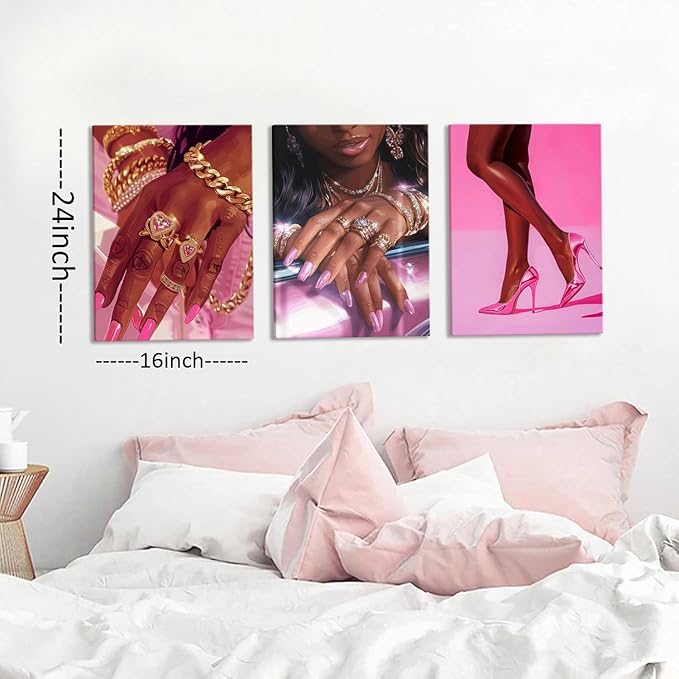Pink Fashion Black Girl Canvas Wall Art Set of 3 African American Black Woman Posters Wall Decor Fashion Black Woman Pictures Prints for Living Room Bedroom Artwork Home Decoration 16x24Inch Framed