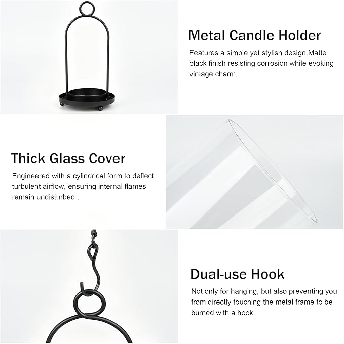 Glass Hurricane Candle Holder Decorative Gold Candle Lantern, Pillar Candlestick Holders Set of 2, Hanging Metal Holder Modern Table Centerpieces, Black
