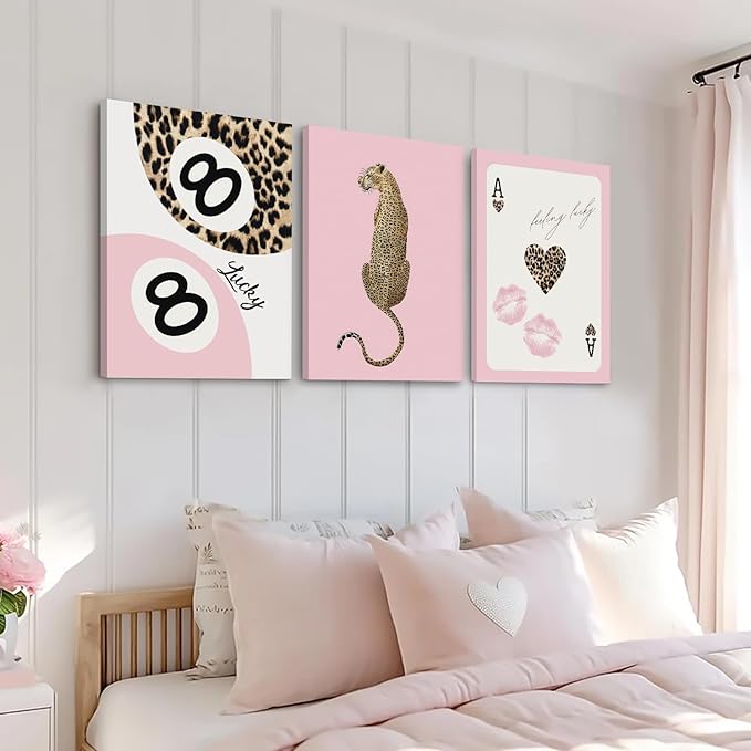 Cheetah Trendy Wall Art Preppy Leopard Canvas Print Cheetah Room Wall Decor 8 Ball Poster Y2k Pink Coquette Luxury Print Lucky Aesthetic Fashion Pictures for Bedroom 12x16x3 Inch Wrapped Canvas
