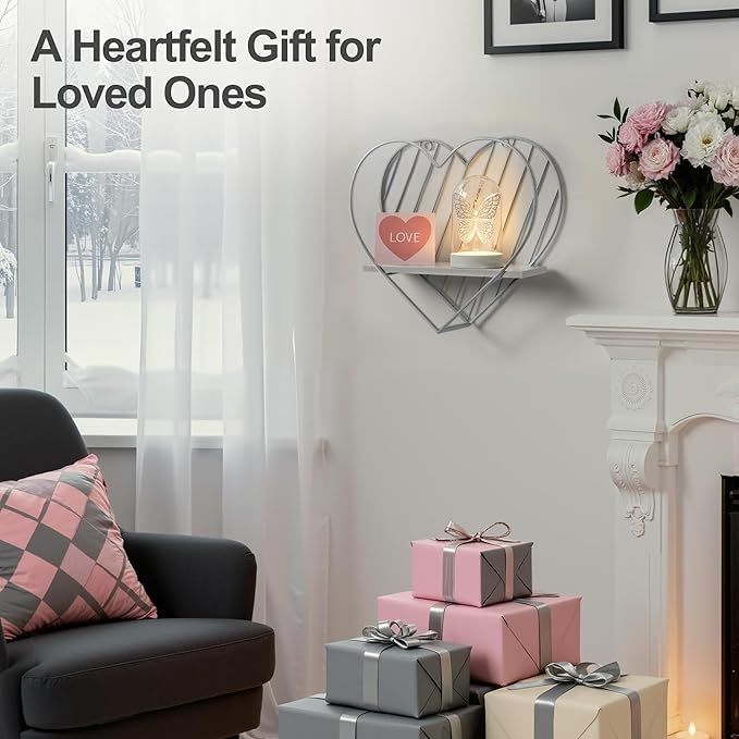 Afuly Wall Shelf Metal Grey Floating Shelves Heart Design Small Shelf Storage Rack Modern Romantic Farmhouse Style Cute Fancy Unique Nursery Room Bathroom Bedroom Wall Decor