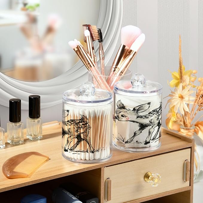 2 Pack Apothecary Jars,Fawn Holding Blossom Bathroom Vanity Storage Organizer Set,Small Clear Plastic Storage Jars Bathroom Canister for Cotton Swabs,Rounds,Balls,Qtips,Makeup Sponges
