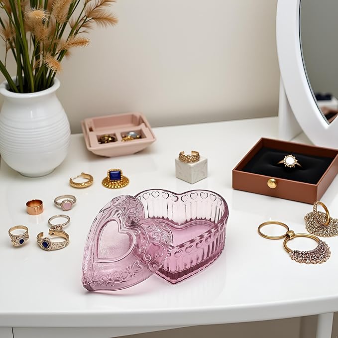 Cute Glass Jewelry Box - Heart Shape Cute Box for Storage Ring Earring Trinket Vintage Jewelry Organizer Decorative Gift for Women Girls-GRB003-Rose Red