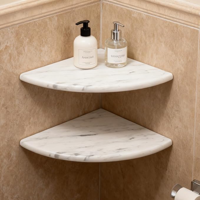 Lovdeco 2 Pcs Carrara Marble Corner Shower Shelf, Polished 9" Round Edge Corner Shelves for Bathroom, Shower, 2 Piece