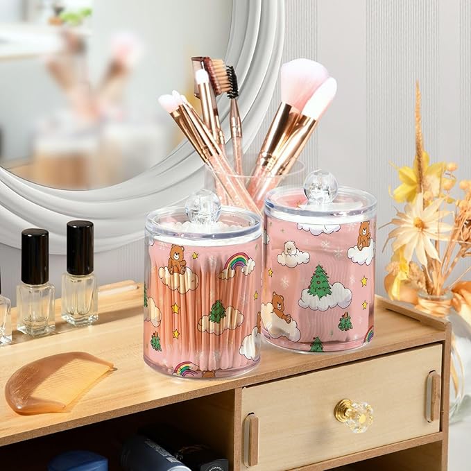 2 Pack Apothecary Jars Cute Pink Bear Cloud Bathroom Vanity Storage Organizer Set,Small Clear Plastic Storage Jars Bathroom Canister for Cotton Swabs, Rounds, Balls, Qtips,Makeup Sponges, Floss