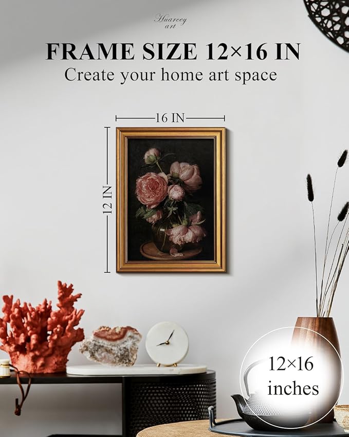 HUARCEY Framed Canvas Wall Art Prints, Bathroom Shelf Vintage Decor Aesthetic, Peony Floral Paintings Farmhouse Wall Decor, Retro Table Desk Decoration for Bedroom Living Room, 12x16Inch