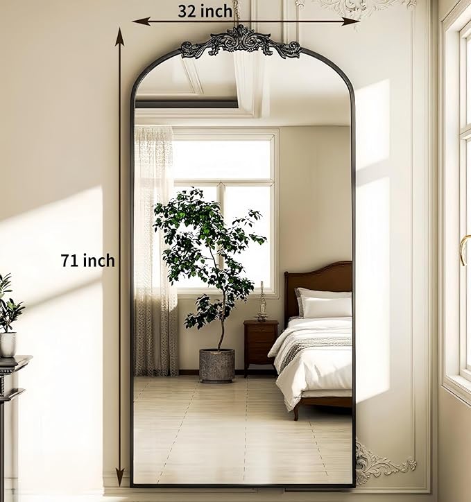 Dewfig Arched Full Length Mirror, 71"x32" Full Body Mirrors with Carved, Floor Mirror for HomeDecor, Standing/Halling Large Wall Mirror for Bedroom, Living Room, Cloakroom, Black, Retro Style
