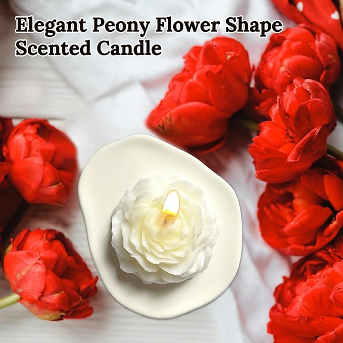 White Peony Flower Shape Candles for Women Friends Colleague Classmates Gift, 3 Inch Pastel Aesthetic Scented Candle with English Pears & Freesia Scent