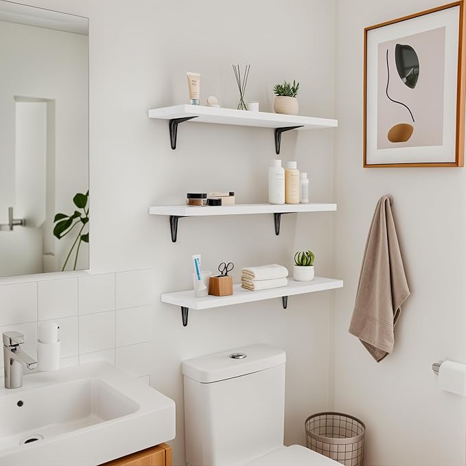 SKYSEN Floating Shelves for Wall Set of 6, 23.6in Wood Wall Shelf for Decor, Bathroom, Bedroom, Storage, Book,Kitchen, Living Room - White(fs-60-w)
