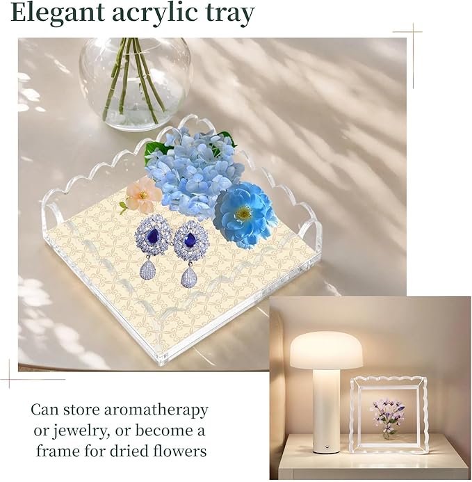 Scalloped Acrylic Tray with Magnetic Mat - 8x8in Customizable Display for Photos, Art & Notes | Non-Slip Base | Elegant Décor & Organizer for Jewelry/Cosmetics for Women/Mom/Weddings