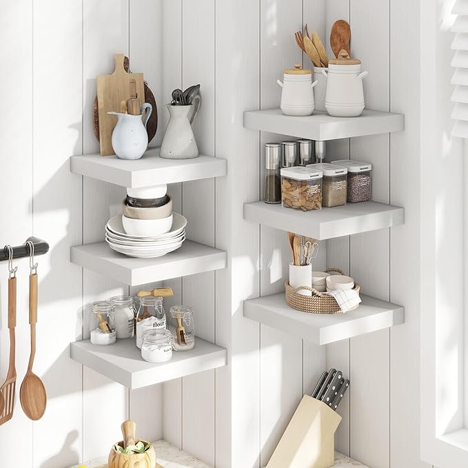 12 Inch Floating Shelves for Wall with Invisible Brackets Set of 3, 12"D Engineered Wood Wall Shelves with Wood Grain for Living Room, Bedroom, Bathroom, Kitchen Decor and Storage, White Finish