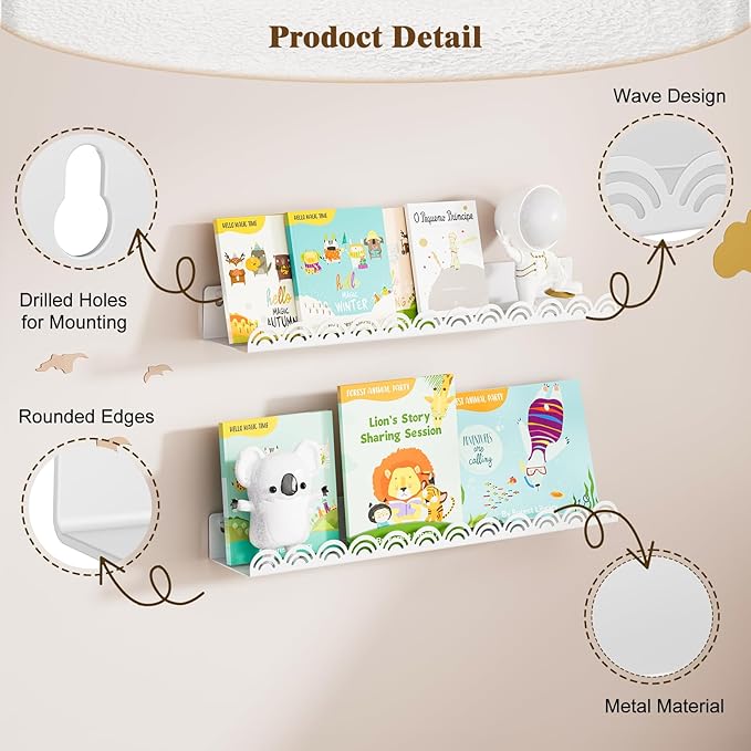 Nursery Book Shelves, Metal Floating Shelves for Wall 6 Pack, White Scalloped Shelf, Wall Mounted Book Shelf for Kids Rooms, Baby Bookcase, Nursery Decor.