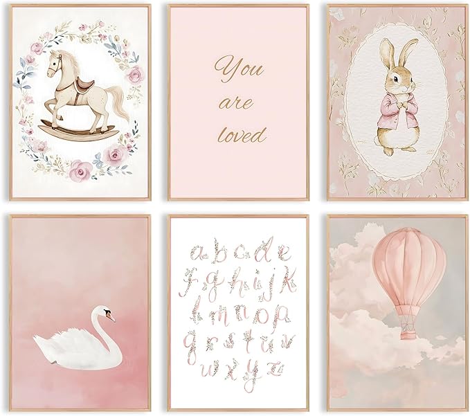 Uniro Pink Nursery Wall Decor Art Prints, Vintage Baby Girl Nursery Room Decor, Cute Baby Girl Room Decor Swan Bunny Hot Air Balloons Alphabets Canvas Painting, Antique Nursery Poster for Little Girl's Bedroom, Kids Room Decor-8x10inch|Unframed