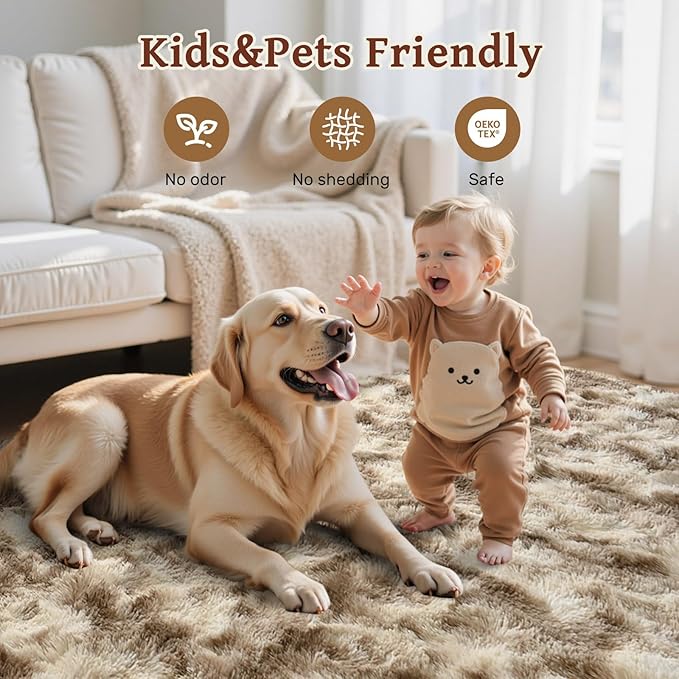 Area Rugs for Living Room 6x9Ft, Soft Fluffy Shagg Plush Bedroom Rug Non-Slip,Large Carpet for Nursery Kids Dorm Home Decor,Khaki