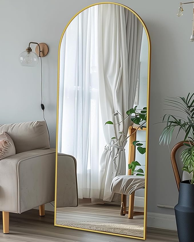 Antok Full Length Mirror, 21"x58" Floor Mirror with Stand, Hanging Mounted Mirrors for Bedroom, Living Room, Cloakroom, Dining Room, Gold, Arched