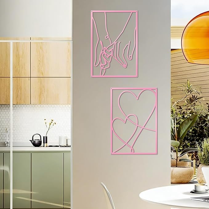 ESTART 3 Pieces Metal Minimalist Line Wall Art, Valentine's Day Lover Kiss Hand Metal Wall Decor, Aesthetic Modern Home Hanging Wall Art Decor for Bedroom Living Room (Pink)