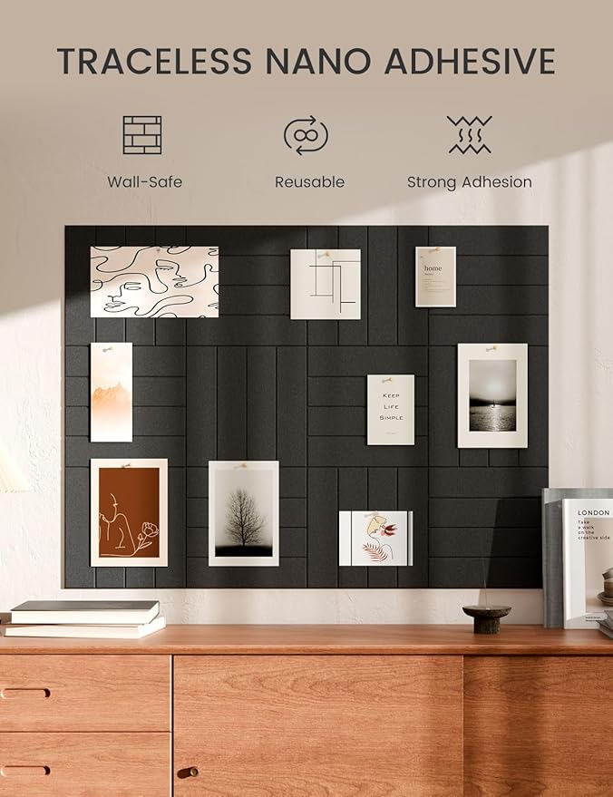 Bumusty Large Cork Board Alternative-48 x 36" Felt Bulletin Board Tiles, with 30 Pushpins, 70 Adhesive Tabs, Bold-Stripe 12-Pack, Cork Boards for Office Push Pin Board Felt Board-Black