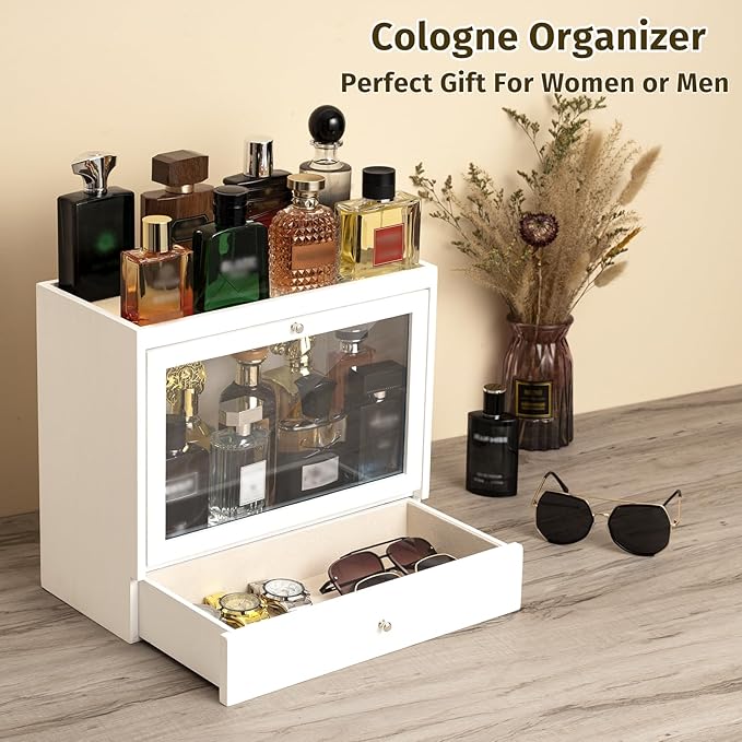 Emfogo Cologne Organizers Stand for Men, Solid Wood Perfumes Organizers Stand for Men Dresser, Large Capacity Dustproof Cologne Holder with Drawer Storage Perfume Stand, Ideal Gift for Loved ones