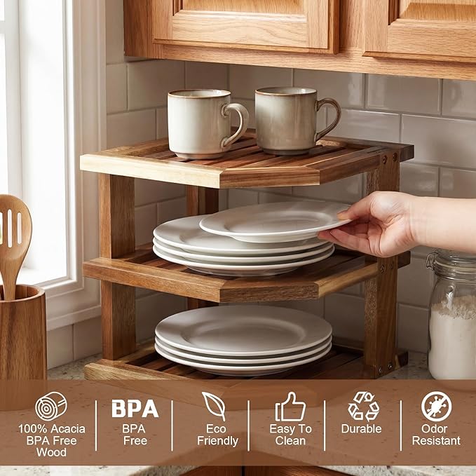 Mifoci 3 Tier Acacia Wood Corner Shelf Organizer for Kitchen Counter & Cabinet, Solid Wood Corner Rack Space Organizer for Plates, Dishes, Bowls, Cups, Pantry Storage, 9.5" x 10", Hardware Included