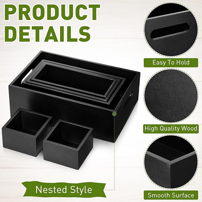Set of 6 Wood Storage Boxes with Handles Wooden Nesting Crates Rustic Farmhouse Storage Container for DIY Crafts Party Home Table Decoration Display(Black)