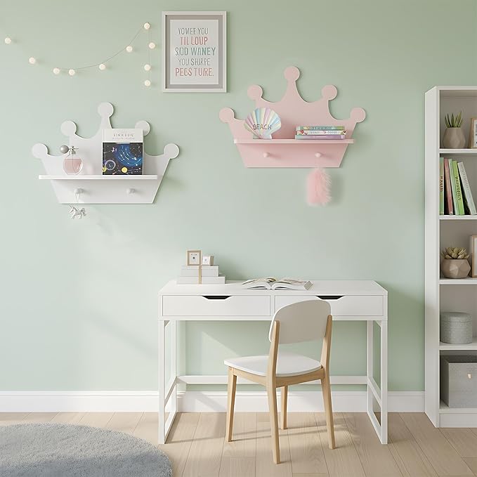 White Crown Floating Wall Shelf with Hooks, Princess Room Decor for Girls Bedroom, Nursery Organizer for Girls Room Storage