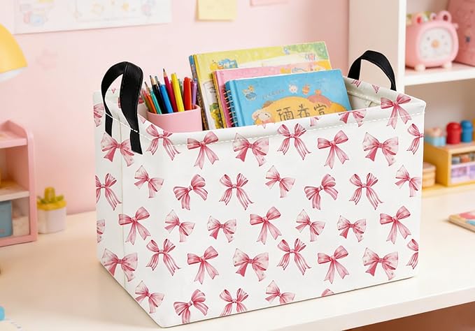Essme Rectangular Pink Baskets,Girls Storage Box,Cute Basket for Kids with Handles for Room Decor, Book Bins,Shelf Basket.(Pink Bowknot)